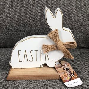 Rae Dunn white metal Easter bunny on wood stand